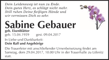 Traueranzeige von Sabine Gebauer von WVG - Wochenspiegel Bitterfeld
