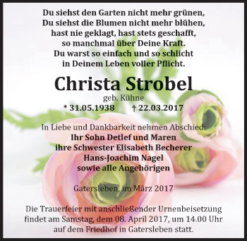 Traueranzeige von Christa Strobel von Mitteldeutsche Zeitung Aschersleben