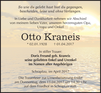 Traueranzeige von Otto Kraneis von Mitteldeutsche Zeitung Merseburg/Querfurt