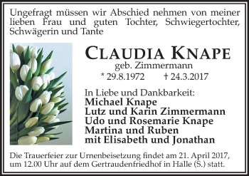 Traueranzeige von Claudia Knape von Mitteldeutsche Zeitung Halle/Saalkreis