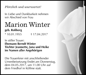 Traueranzeige von Marion Winter von Mitteldeutsche Zeitung Halle/Saalkreis