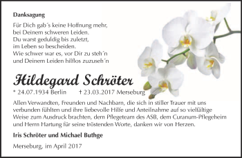 Traueranzeige von Hildegard Schröter von Super Sonntag Merseburg