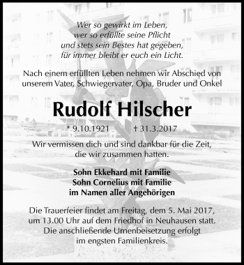 Traueranzeige von Rudolf Hilscher von Mitteldeutsche Zeitung Köthen