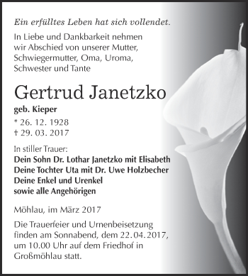 Traueranzeige von Gertrud Janetzko von Super Sonntag Wittenberg