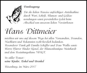 Traueranzeige von Hans Dittmeier von Super Sonntag SGH Mansf. Land