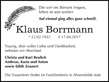 Traueranzeige von Klaus Borrmann von Mitteldeutsche Zeitung Bitterfeld