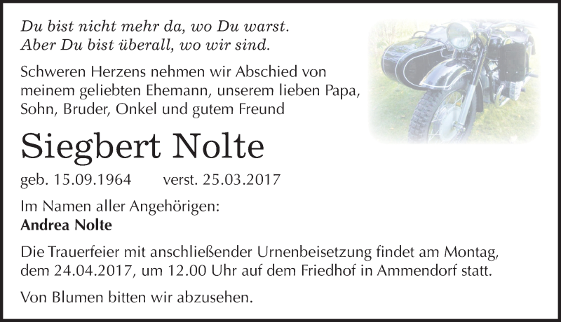  Traueranzeige für Siegbert Nolte vom 22.04.2017 aus Mitteldeutsche Zeitung Halle/Saalkreis