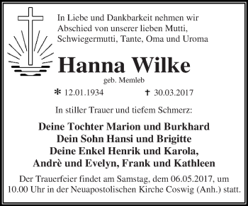 Traueranzeige von Hanna Wilke von WVG - Wochenspiegel Dessau / Köthen