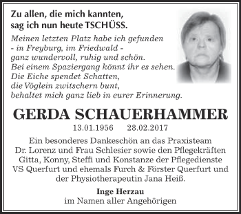 Traueranzeige von Gerda Schauerhammer von Super Sonntag Halle