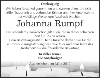 Traueranzeige von Johanna Rumpf von Super Sonntag SGH Mansf. Land