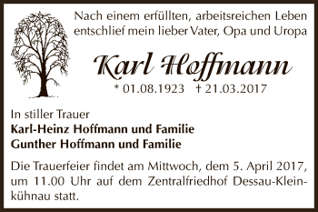 Traueranzeige von Karl Hoffmann von WVG - Wochenspiegel Dessau / Köthen