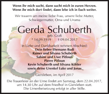 Traueranzeige von Gerda Schuberth von Mitteldeutsche Zeitung Aschersleben