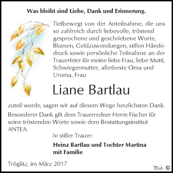 Traueranzeige von Liane Bartlau von Super Sonntag Zeitz