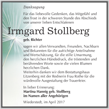 Traueranzeige von Irmgard Stollberg von Wochenspiegel Mansfelder Land