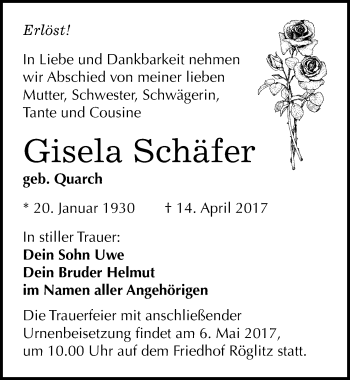 Traueranzeige von Gisela Schäfer von Mitteldeutsche Zeitung Merseburg/Querfurt