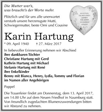 Traueranzeige von Karin Hartung von Mitteldeutsche Zeitung Naumburg/Nebra