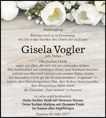 Traueranzeige von Gisela Vogler von WVG - Wochenspiegel NMB / WSF / ZTZ