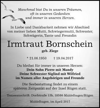 Traueranzeige von Irmtraut Bornschein von Mitteldeutsche Zeitung Merseburg/Querfurt