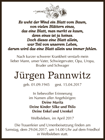 Traueranzeige von Jürgen Pannwitz von Super Sonntag Aschersleben
