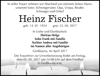 Traueranzeige von Heinz Fischer von Mitteldeutsche Zeitung Merseburg/Querfurt