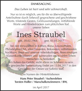 Traueranzeige von Ines Straubel von Super Sonntag SGH Mansf. Land