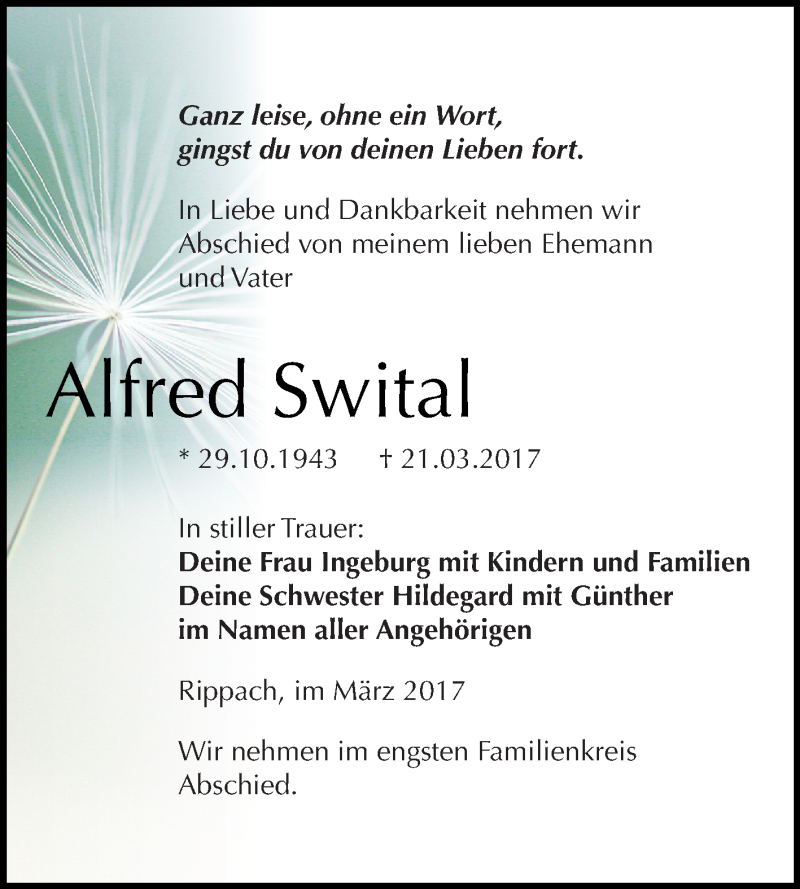  Traueranzeige für Alfred Swital vom 05.04.2017 aus WVG - Wochenspiegel NMB / WSF / ZTZ