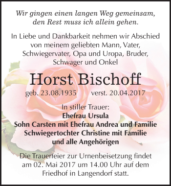Traueranzeige von Horst Bischoff von Mitteldeutsche Zeitung Weißenfels