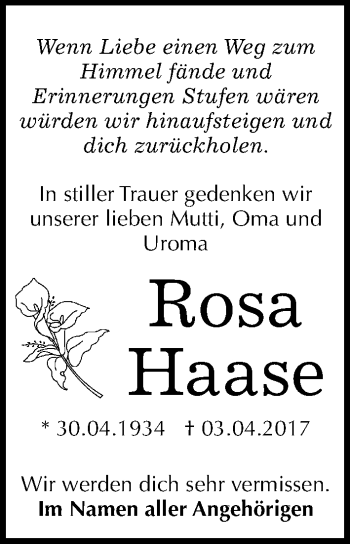 Traueranzeige von Rosa Haase von Mitteldeutsche Zeitung Bitterfeld