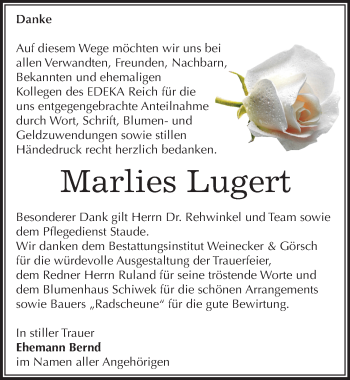 Traueranzeige von Marlies Lugert von Mitteldeutsche Zeitung Bernburg