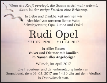 Traueranzeige von Rudi Opel von WVG - Wochenspiegel Merseburg