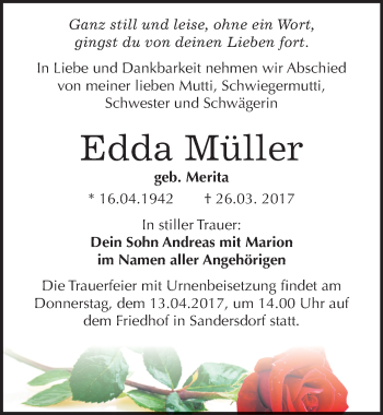 Traueranzeige von Edda Müller von Mitteldeutsche Zeitung Bitterfeld