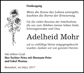 Traueranzeige von Adelheid Mohr von Mitteldeutsche Zeitung Mansfelder Land