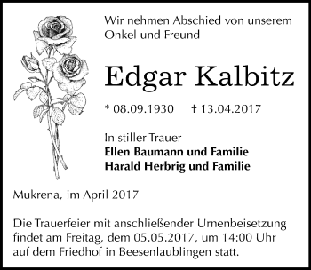 Traueranzeige von Edgar Kalbitz von Mitteldeutsche Zeitung Bernburg