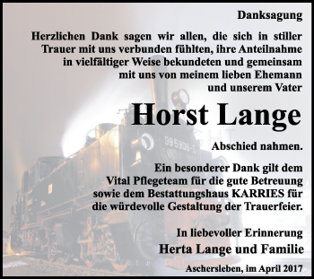 Traueranzeige von Horst Lange von WVG - Wochenspiegel Quedlinburg