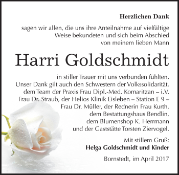 Traueranzeige von Harri Goldschmidt von Mitteldeutsche Zeitung Mansfelder Land