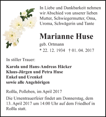 Traueranzeige von Marianne Huse von WVG - Wochenspiegel SGH