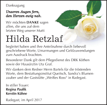 Traueranzeige von Hilda Retzlaf von Mitteldeutsche Zeitung Köthen