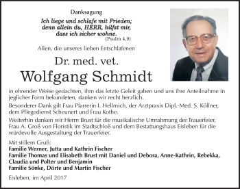 Traueranzeige von Wolfgang Schmidt von Mitteldeutsche Zeitung Mansfelder Land