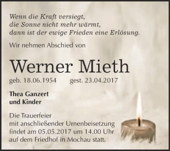 Traueranzeige von Werner Mieth von Super Sonntag Wittenberg