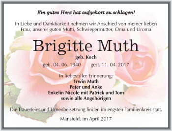 Traueranzeige von Brigitte Muth von Mitteldeutsche Zeitung Mansfelder Land