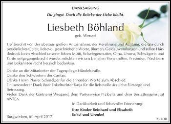 Traueranzeige von Liesbeth Böhland von WVG - Wochenspiegel NMB / WSF / ZTZ