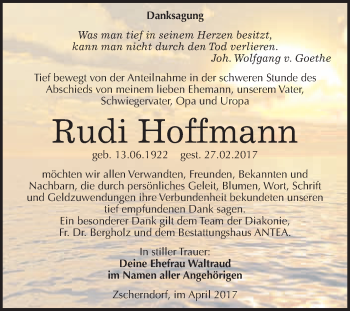 Traueranzeige von Rudi Hoffmann von WVG - Wochenspiegel Bitterfeld