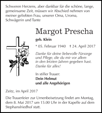Traueranzeige von Margot Prescha von Super Sonntag Zeitz