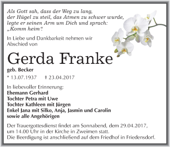Traueranzeige von Gerda Franke von Mitteldeutsche Zeitung Merseburg/Querfurt