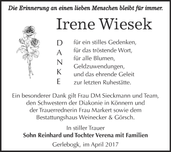 Traueranzeige von Irene Wiesek von Super Sonntag Bernburg