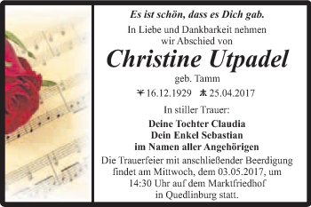 Traueranzeige von Christine Utpadel von Super Sonntag Quedlinburg
