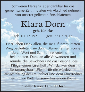 Traueranzeige von Klara Dorn von Mitteldeutsche Zeitung Köthen