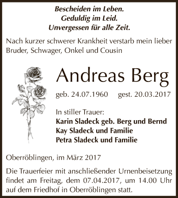 Traueranzeige von Andreas Berg von Super Sonntag SGH Mansf. Land