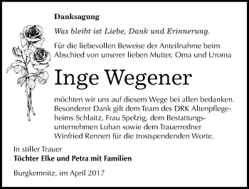 Traueranzeige von Inge Wegener von Mitteldeutsche Zeitung Bitterfeld