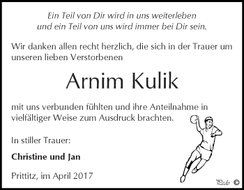 Traueranzeige von Arnim Kulik von WVG - Wochenspiegel NMB / WSF / ZTZ